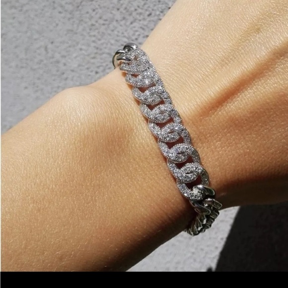 ICED OUT Silver Pave Stones Miami Cuban Link Statement bracelet 19” - Picture 1 of 10